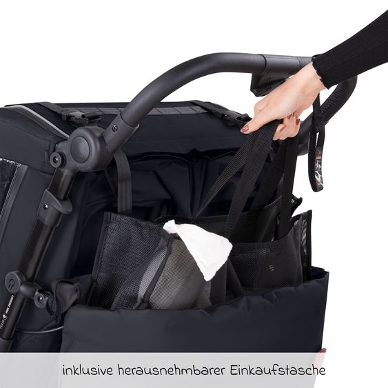 ABC Design Rimorchio per bici e passeggino 3in1 per 2 bambini con ruota pneumatica jogger, sistema frenante, sedili confortevoli, tettuccio con zanzariera, parapioggia e protezione solare (fino a 49 kg) - Ink