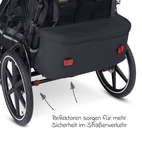 ABC Design Rimorchio per bici e passeggino 3in1 per 2 bambini con ruota pneumatica jogger, sistema frenante, sedili confortevoli, tettuccio con zanzariera, parapioggia e protezione solare (fino a 49 kg) - Ink