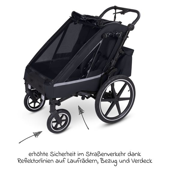 ABC Design Rimorchio per bici e passeggino 3in1 per 2 bambini con ruota pneumatica jogger, sistema frenante, sedili confortevoli, tettuccio con zanzariera, parapioggia e protezione solare (fino a 49 kg) - Ink