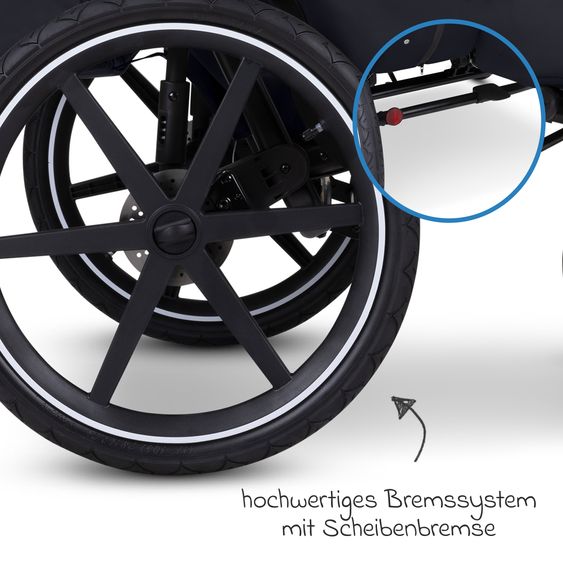 ABC Design Rimorchio per bici e passeggino 3in1 per 2 bambini con ruota pneumatica jogger, sistema frenante, sedili confortevoli, tettuccio con zanzariera, parapioggia e protezione solare (fino a 49 kg) - Ink