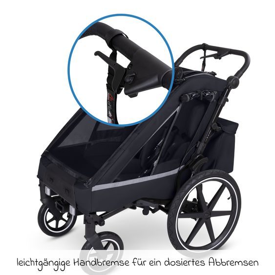 ABC Design Rimorchio per bici e passeggino 3in1 per 2 bambini con ruota pneumatica jogger, sistema frenante, sedili confortevoli, tettuccio con zanzariera, parapioggia e protezione solare (fino a 49 kg) - Ink