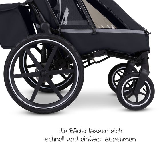 ABC Design Rimorchio per bici e passeggino 3in1 per 2 bambini con ruota pneumatica jogger, sistema frenante, sedili confortevoli, tettuccio con zanzariera, parapioggia e protezione solare (fino a 49 kg) - Ink