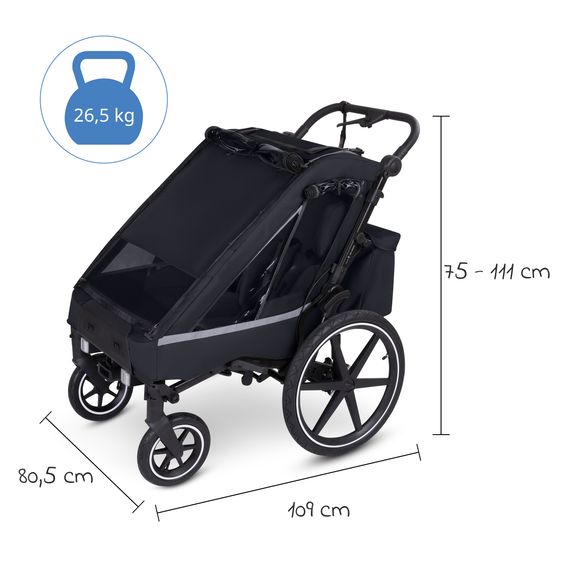 ABC Design Rimorchio per bici e passeggino 3in1 per 2 bambini con ruota pneumatica jogger, sistema frenante, sedili confortevoli, tettuccio con zanzariera, parapioggia e protezione solare (fino a 49 kg) - Ink