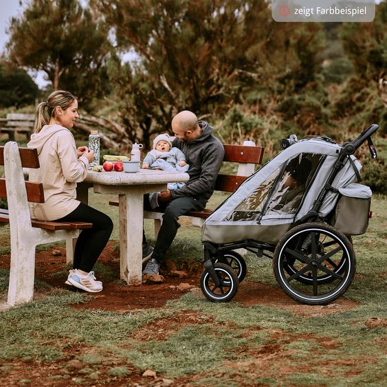 ABC Design Rimorchio per bici e passeggino 3in1 per 2 bambini con ruota pneumatica jogger, sistema frenante, sedili confortevoli, tettuccio con zanzariera, parapioggia e protezione solare (fino a 49 kg) - Ink