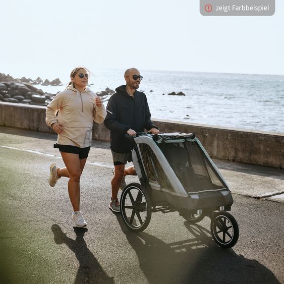 ABC Design Rimorchio per bici e passeggino 3in1 per 2 bambini con ruota pneumatica jogger, sistema frenante, sedili confortevoli, tettuccio con zanzariera, parapioggia e protezione solare (fino a 49 kg) - Ink