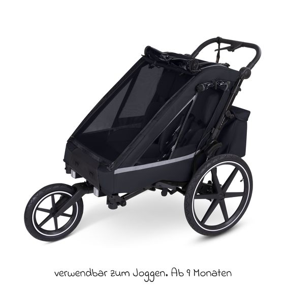 ABC Design Rimorchio per bici e passeggino 3in1 per 2 bambini con ruota pneumatica jogger, sistema frenante, sedili confortevoli, tettuccio con zanzariera, parapioggia e protezione solare (fino a 49 kg) - Ink