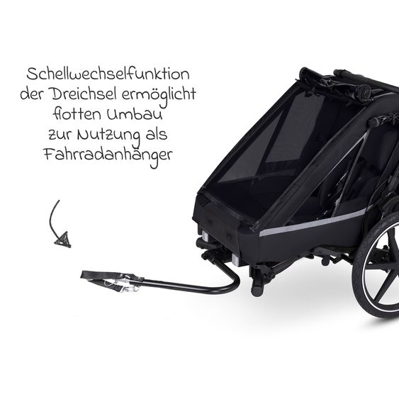 ABC Design Rimorchio per bici e passeggino 3in1 per 2 bambini con ruota pneumatica jogger, sistema frenante, sedili confortevoli, tettuccio con zanzariera, parapioggia e protezione solare (fino a 49 kg) - Ink