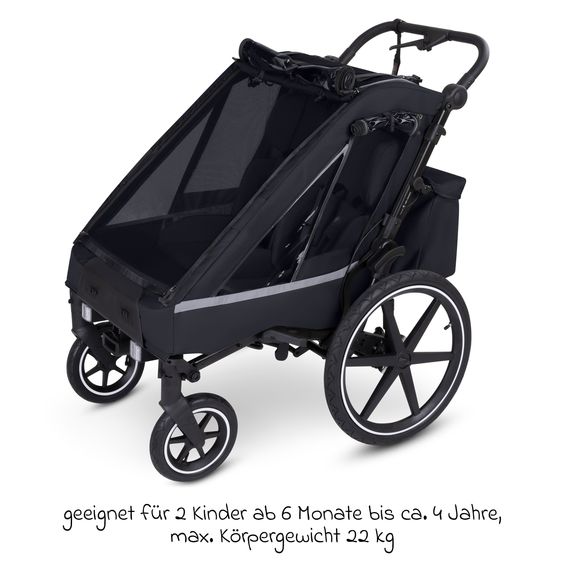 ABC Design Rimorchio per bici e passeggino 3in1 per 2 bambini con ruota pneumatica jogger, sistema frenante, sedili confortevoli, tettuccio con zanzariera, parapioggia e protezione solare (fino a 49 kg) - Ink