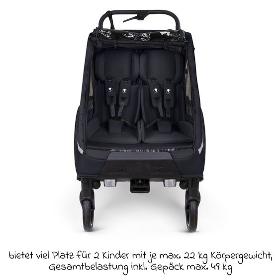 ABC Design Rimorchio per bici e passeggino 3in1 per 2 bambini con ruota pneumatica jogger, sistema frenante, sedili confortevoli, tettuccio con zanzariera, parapioggia e protezione solare (fino a 49 kg) - Ink