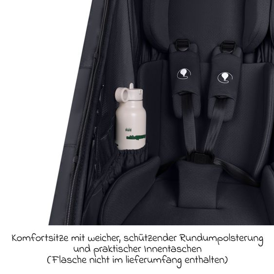 ABC Design Rimorchio per bici e passeggino 3in1 per 2 bambini con ruota pneumatica jogger, sistema frenante, sedili confortevoli, tettuccio con zanzariera, parapioggia e protezione solare (fino a 49 kg) - Ink
