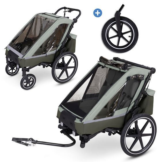 ABC Design 3in1 Fahrradanhänger und Kinderwagen Tour für 2 Kinder mit Jogger-Luftrad, Bremssystem, Komfortsitze, Verdeck mit Moskitonetz, Regenschutz & Sonnenschutz (bis 49 kg) - Olive