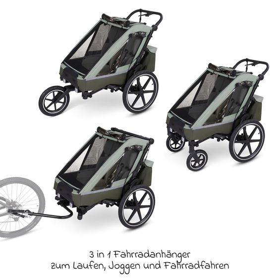 ABC Design 3in1 Fahrradanhänger und Kinderwagen Tour für 2 Kinder mit Jogger-Luftrad, Bremssystem, Komfortsitze, Verdeck mit Moskitonetz, Regenschutz & Sonnenschutz (bis 49 kg) - Olive