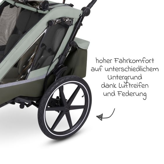 ABC Design 3in1 Fahrradanhänger und Kinderwagen Tour für 2 Kinder mit Jogger-Luftrad, Bremssystem, Komfortsitze, Verdeck mit Moskitonetz, Regenschutz & Sonnenschutz (bis 49 kg) - Olive