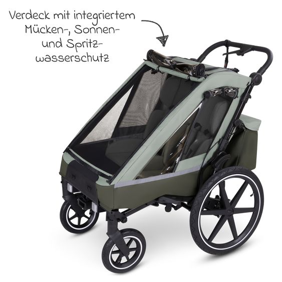 ABC Design 3in1 Fahrradanhänger und Kinderwagen Tour für 2 Kinder mit Jogger-Luftrad, Bremssystem, Komfortsitze, Verdeck mit Moskitonetz, Regenschutz & Sonnenschutz (bis 49 kg) - Olive