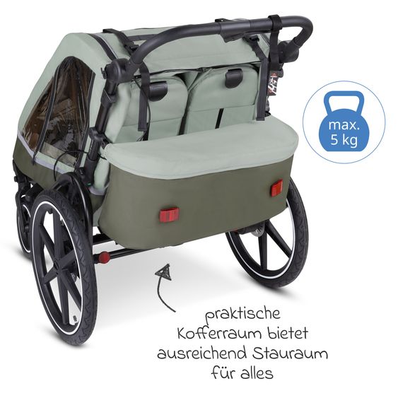ABC Design 3in1 Fahrradanhänger und Kinderwagen Tour für 2 Kinder mit Jogger-Luftrad, Bremssystem, Komfortsitze, Verdeck mit Moskitonetz, Regenschutz & Sonnenschutz (bis 49 kg) - Olive