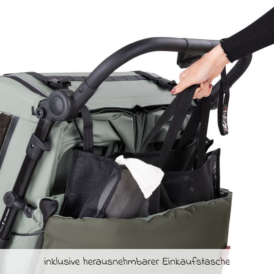 ABC Design 3in1 Fahrradanhänger und Kinderwagen Tour für 2 Kinder mit Jogger-Luftrad, Bremssystem, Komfortsitze, Verdeck mit Moskitonetz, Regenschutz & Sonnenschutz (bis 49 kg) - Olive