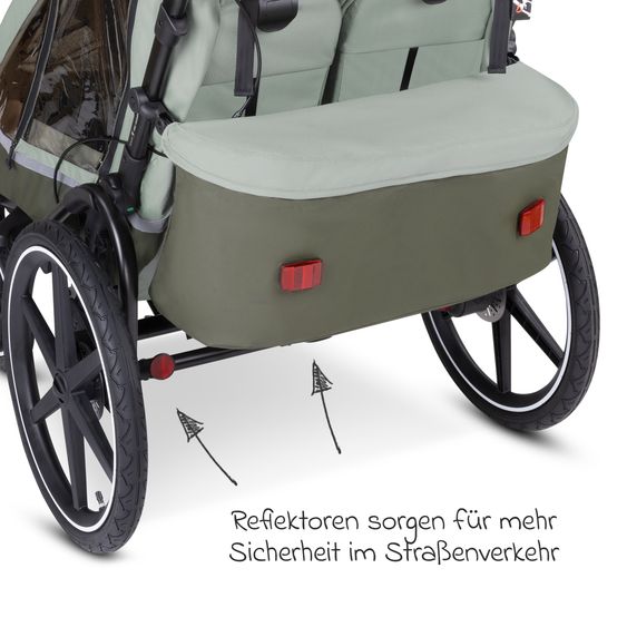 ABC Design 3in1 Fahrradanhänger und Kinderwagen Tour für 2 Kinder mit Jogger-Luftrad, Bremssystem, Komfortsitze, Verdeck mit Moskitonetz, Regenschutz & Sonnenschutz (bis 49 kg) - Olive