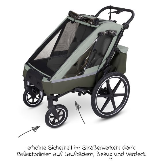 ABC Design 3in1 Fahrradanhänger und Kinderwagen Tour für 2 Kinder mit Jogger-Luftrad, Bremssystem, Komfortsitze, Verdeck mit Moskitonetz, Regenschutz & Sonnenschutz (bis 49 kg) - Olive