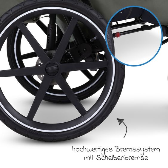 ABC Design 3in1 Fahrradanhänger und Kinderwagen Tour für 2 Kinder mit Jogger-Luftrad, Bremssystem, Komfortsitze, Verdeck mit Moskitonetz, Regenschutz & Sonnenschutz (bis 49 kg) - Olive
