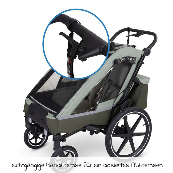 ABC Design 3in1 Fahrradanhänger und Kinderwagen Tour für 2 Kinder mit Jogger-Luftrad, Bremssystem, Komfortsitze, Verdeck mit Moskitonetz, Regenschutz & Sonnenschutz (bis 49 kg) - Olive