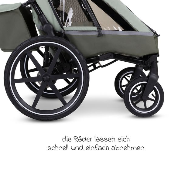 ABC Design 3in1 Fahrradanhänger und Kinderwagen Tour für 2 Kinder mit Jogger-Luftrad, Bremssystem, Komfortsitze, Verdeck mit Moskitonetz, Regenschutz & Sonnenschutz (bis 49 kg) - Olive