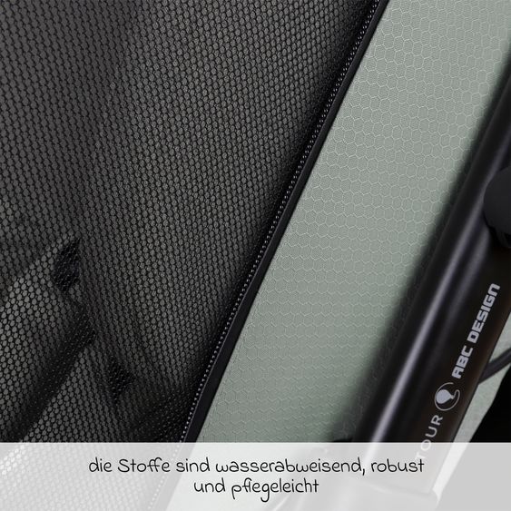 ABC Design 3in1 Fahrradanhänger und Kinderwagen Tour für 2 Kinder mit Jogger-Luftrad, Bremssystem, Komfortsitze, Verdeck mit Moskitonetz, Regenschutz & Sonnenschutz (bis 49 kg) - Olive
