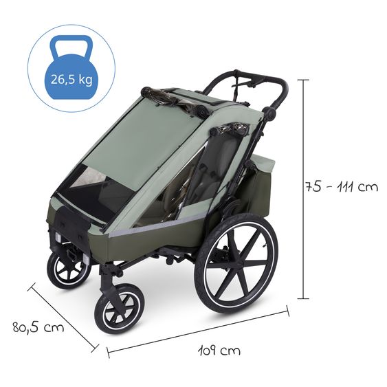 ABC Design 3in1 Fahrradanhänger und Kinderwagen Tour für 2 Kinder mit Jogger-Luftrad, Bremssystem, Komfortsitze, Verdeck mit Moskitonetz, Regenschutz & Sonnenschutz (bis 49 kg) - Olive