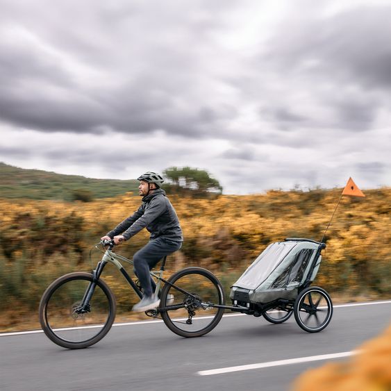 ABC Design 3in1 Fahrradanhänger und Kinderwagen Tour für 2 Kinder mit Jogger-Luftrad, Bremssystem, Komfortsitze, Verdeck mit Moskitonetz, Regenschutz & Sonnenschutz (bis 49 kg) - Olive