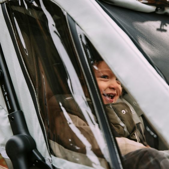 ABC Design 3in1 Fahrradanhänger und Kinderwagen Tour für 2 Kinder mit Jogger-Luftrad, Bremssystem, Komfortsitze, Verdeck mit Moskitonetz, Regenschutz & Sonnenschutz (bis 49 kg) - Olive