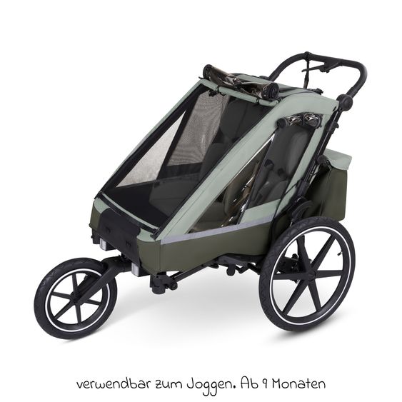 ABC Design 3in1 Fahrradanhänger und Kinderwagen Tour für 2 Kinder mit Jogger-Luftrad, Bremssystem, Komfortsitze, Verdeck mit Moskitonetz, Regenschutz & Sonnenschutz (bis 49 kg) - Olive