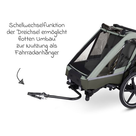 ABC Design 3in1 Fahrradanhänger und Kinderwagen Tour für 2 Kinder mit Jogger-Luftrad, Bremssystem, Komfortsitze, Verdeck mit Moskitonetz, Regenschutz & Sonnenschutz (bis 49 kg) - Olive
