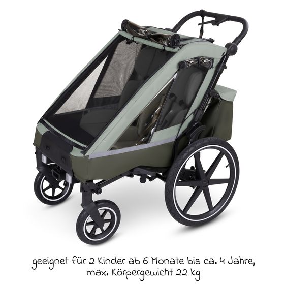 ABC Design 3in1 Fahrradanhänger und Kinderwagen Tour für 2 Kinder mit Jogger-Luftrad, Bremssystem, Komfortsitze, Verdeck mit Moskitonetz, Regenschutz & Sonnenschutz (bis 49 kg) - Olive