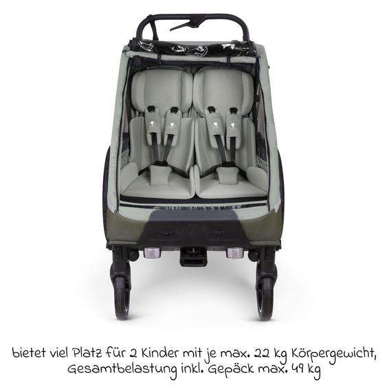 ABC Design 3in1 Fahrradanhänger und Kinderwagen Tour für 2 Kinder mit Jogger-Luftrad, Bremssystem, Komfortsitze, Verdeck mit Moskitonetz, Regenschutz & Sonnenschutz (bis 49 kg) - Olive