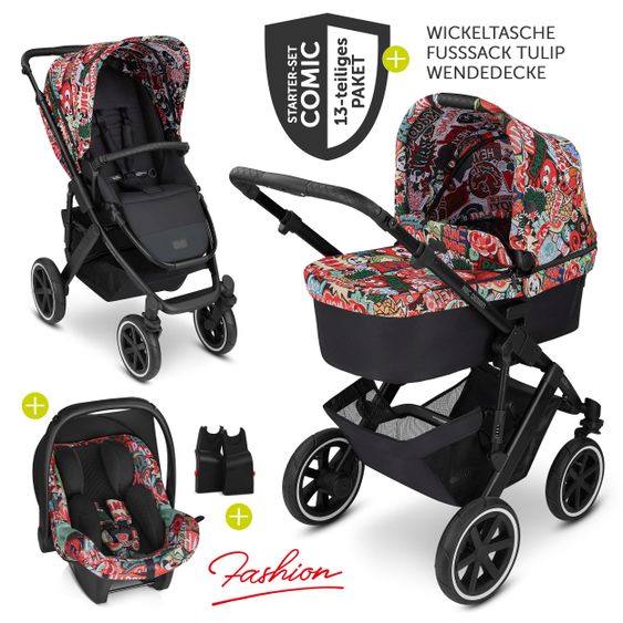 ABC Design 3in1 Kinderwagen-Set Salsa 4 Air - Fashion Edition Starter Set 13-teilig - Comic - inkl. Autositz Tulip & Zubehörpaket