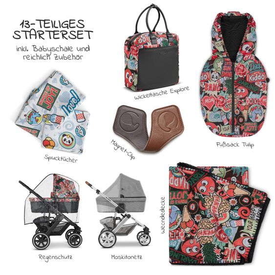 ABC Design 3in1 Kinderwagen-Set Salsa 4 Air - Fashion Edition Starter Set 13-teilig - Comic - inkl. Autositz Tulip & Zubehörpaket