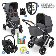 3in1 Salsa 4 Air baby carriage set - incl. carrycot, Pebble Pro car seat, sports seat, grab rail, buggy book and XXL accessory pack - Asphalt