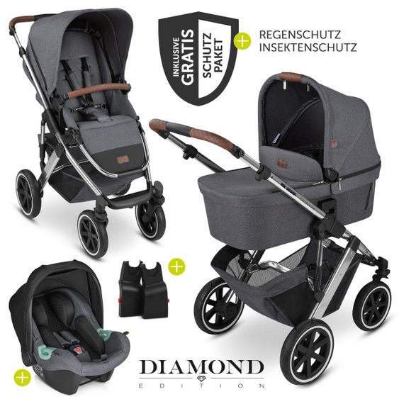 ABC Design 3in1 Kinderwagen-Set Salsa 4 Air - inkl. Babywanne, Autositz Tulip, Sportsitz und Zubehörpaket - Diamond Edition - Asphalt
