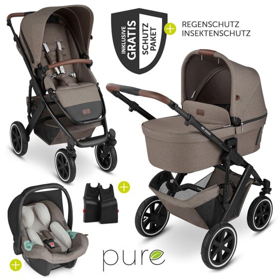 ABC Design 3in1 Kinderwagen-Set Salsa 4 Air - inkl. Babywanne, Autositz Tulip, Sportsitz und Zubehörpaket - Pure Edition - Nature