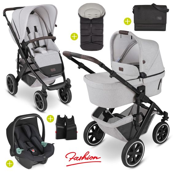 ABC Design 3in1 Kinderwagen-Set Salsa 4 Air - inkl. Babywanne, Babyschale Tulip Black, Sportsitz und Zubehörpaket - Fashion Edition - Mineral