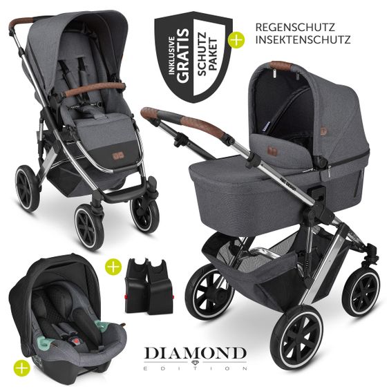 ABC Design Set passeggino 3in1 Salsa 4 Air - include navicella, marsupio Tulip, seggiolino sportivo e pacchetto accessori - Diamond Edition - Asfalto