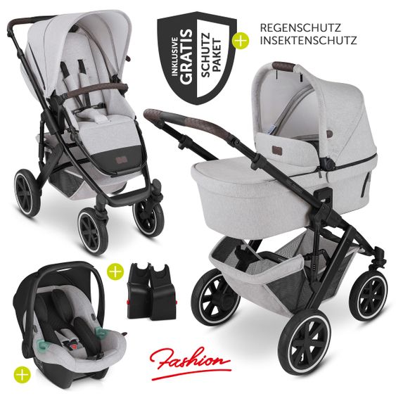ABC Design 3in1 Kinderwagen-Set Salsa 4 Air - inkl. Babywanne, Babyschale Tulip, Sportsitz und Zubehörpaket - Fashion Edition - Mineral