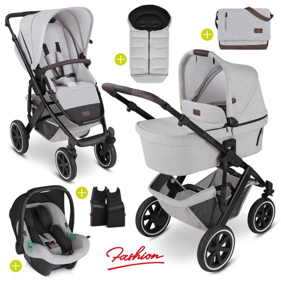 ABC Design 3in1 Kinderwagen-Set Salsa 4 Air - inkl. Babywanne, Tulip, Sportsitz, Wickeltasche & Fußsack - Fashion Edition - Mineral