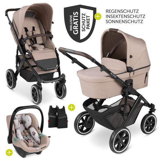 ABC Design 3in1 Kinderwagen-Set Salsa 4 Air Starter Set inkl. Tulip und XXL Zubehörpaket - Pure Edition - Grain Teddy