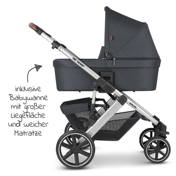 ABC Design 3in1 Kinderwagen-Set Salsa 4 - inkl. Babywanne, Babyschale Tulip, Sportsitz und Zubehörpaket - Storm
