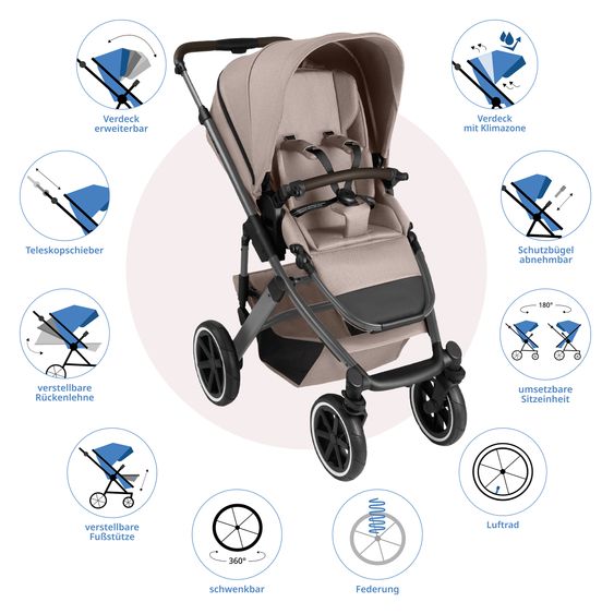 ABC Design 3in1 Stroller Set Salsa 5 Air - incl. Carrycot, Drive N Care Infant Car Seat, Sports Seat with XXL Accessory Pack - Camel