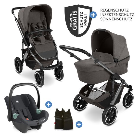 ABC Design 3in1 Kinderwagen-Set Salsa 5 Air - inkl. Babywanne, Autositz Tulip Black, Sportsitz mit XXL Zubehörpaket - Almond