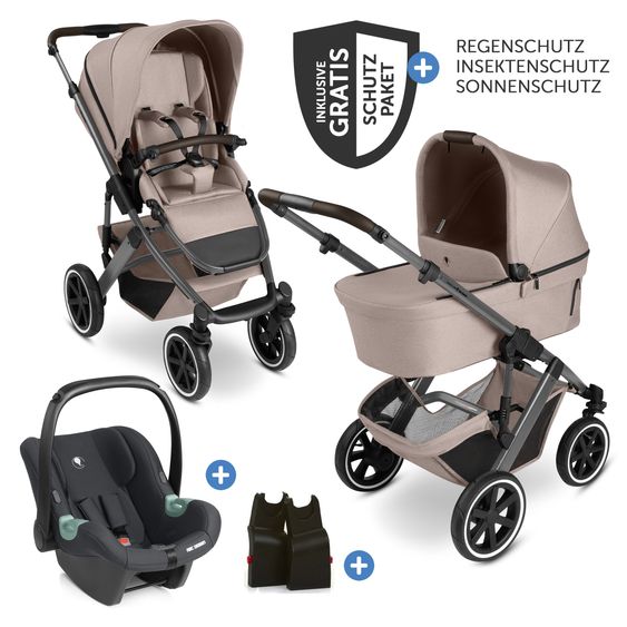 ABC Design 3in1 Kinderwagen-Set Salsa 5 Air - inkl. Babywanne, Autositz Tulip Black, Sportsitz mit XXL Zubehörpaket - Camel
