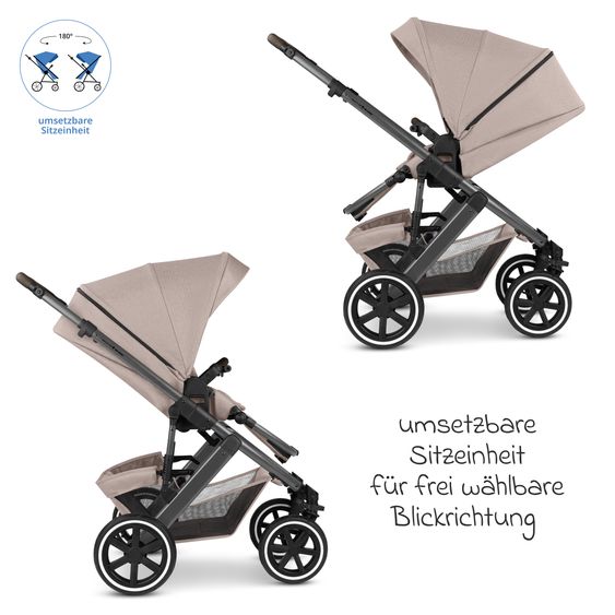 ABC Design 3in1 Kinderwagen-Set Salsa 5 Air - inkl. Babywanne, Autositz Tulip Black, Sportsitz mit XXL Zubehörpaket - Camel