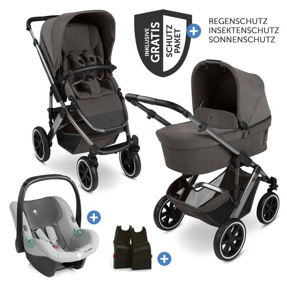 ABC Design Set Passeggino 3in1 Salsa 5 Air - incl. Navicella, Seggiolino auto Tulip Pearl, Seggiolino sportivo con pacchetto accessori XXL - Almond
