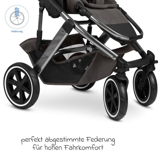 ABC Design Set Passeggino 3in1 Salsa 5 Air - incl. Navicella, Seggiolino auto Tulip Pearl, Seggiolino sportivo con pacchetto accessori XXL - Almond